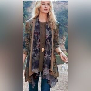 Soft Surroundings‎ M Flowy Tea Garden Cardigan Sweater w/2-Tone Panels &Sheer.